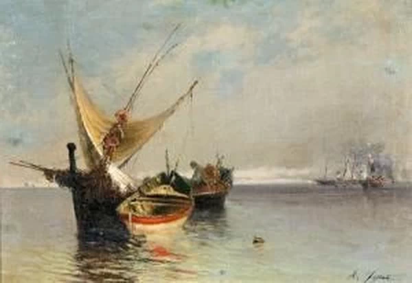 Barca con pescatore e navi nel golfo